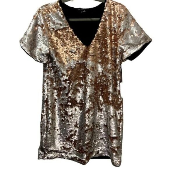 1‎ State Sequin Short Sleeve Tee V Neck Sparkles Dress Medium - Picture 1 of 5